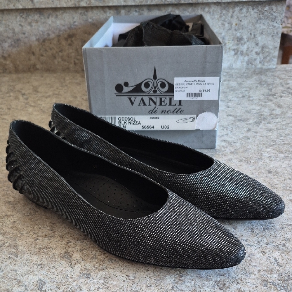 Vaneli Black Metallic Pointed Ballet Flats